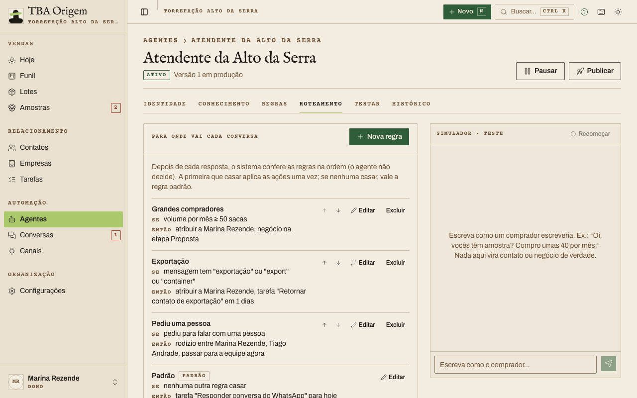 Aba Roteamento com a lista de regras se e então, a regra Padrão no fim e o botão Nova regra