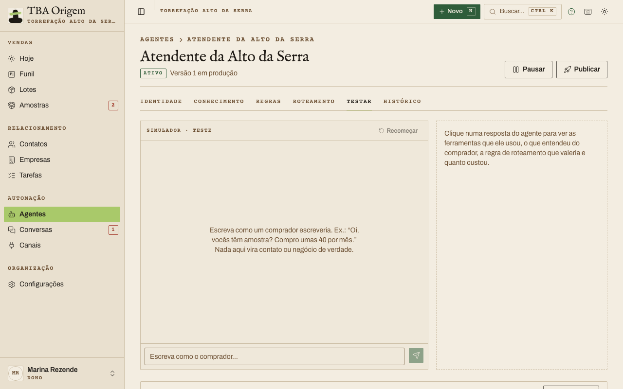 Simulador de WhatsApp na aba Testar, com a conversa à esquerda e o painel O que o agente fez à direita