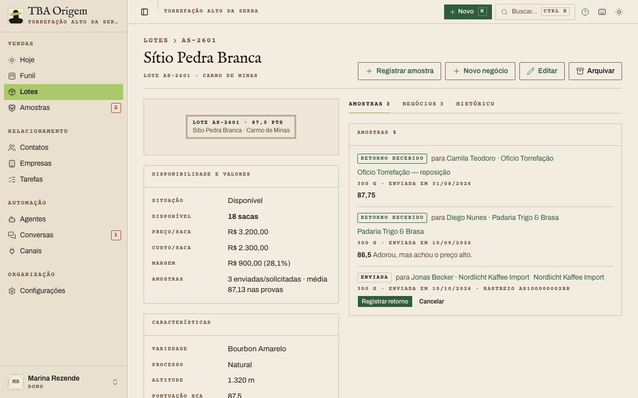 Ficha de um lote com o código em etiqueta, o quadro Disponibilidade e valores e as abas Amostras, Negócios e Histórico