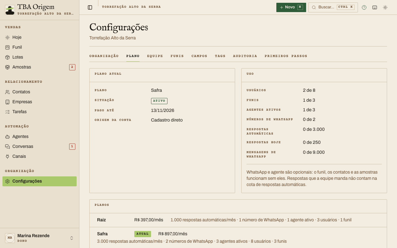 Configurações › Plano com os painéis Plano atual, Uso e a lista de planos