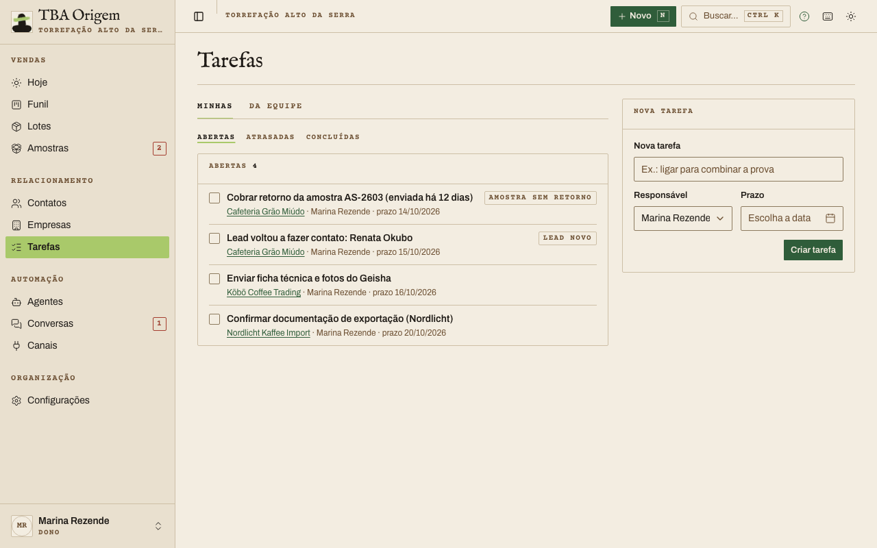 Tela Tarefas com as abas Minhas e Da equipe, os filtros Abertas, Atrasadas e Concluídas, e o quadro Nova tarefa ao lado