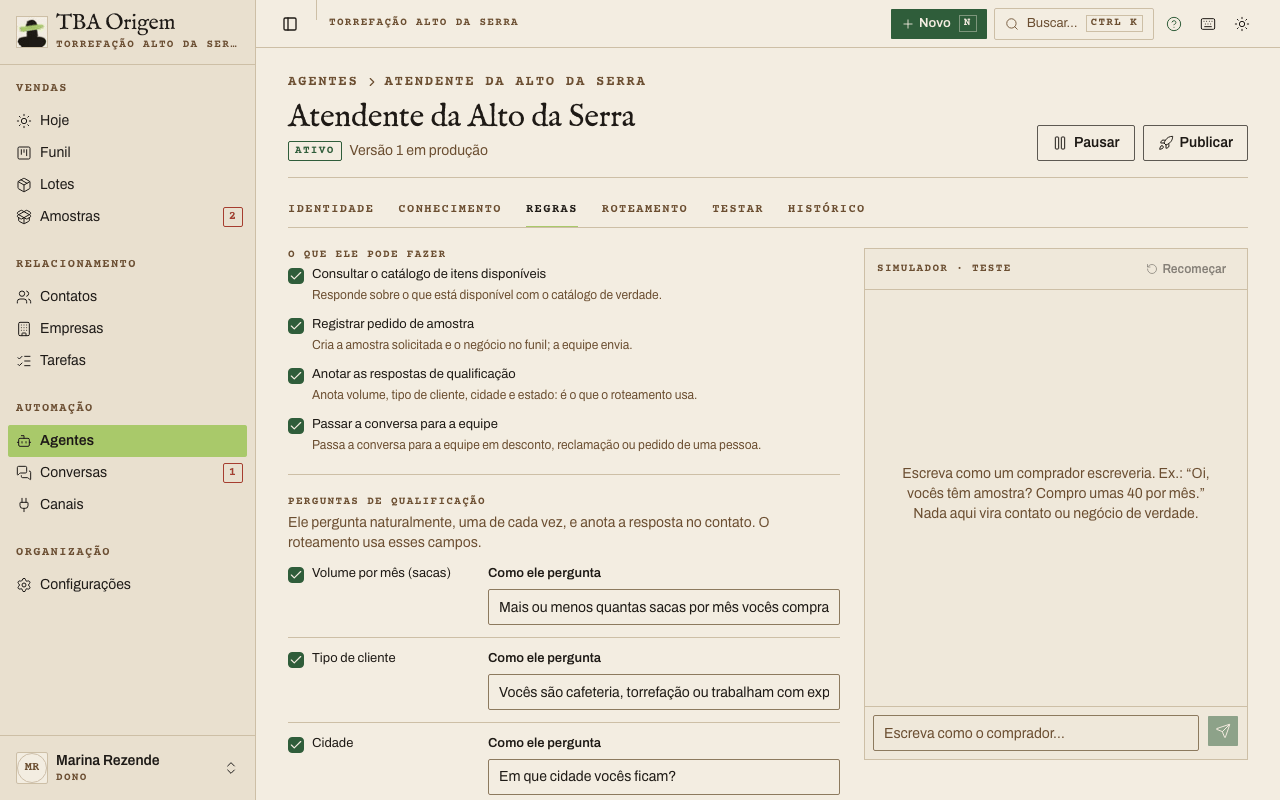 Aba Regras com as ferramentas do agente, as perguntas de qualificação, as proibições e o horário de atendimento