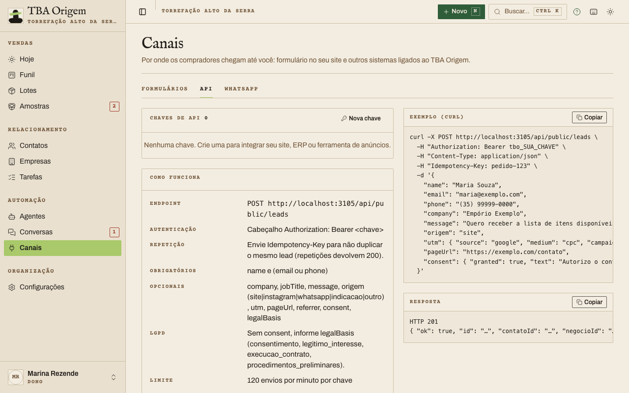 Tela Canais › API com a lista de chaves de API, o quadro Como funciona com o endereço e os campos aceitos, e o exemplo em curl com a resposta ao lado